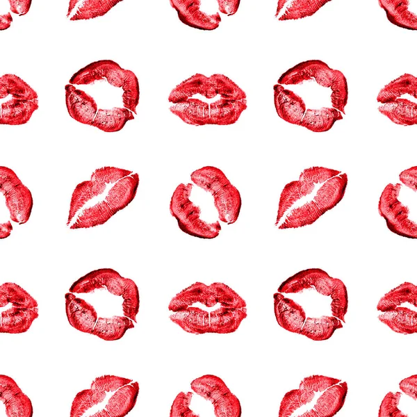 Nahtloses Muster Aus Rotem Lippenstift Kuss Print Auf Weißem Hintergrund — Stockfoto