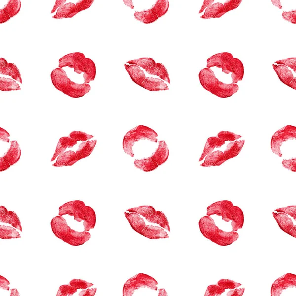 Seamless pattern of red lipstick kiss print on white background isolated, sexy pink lips makeup marks repeating ornament, female kisses wallpaper, beauty make up backdrop, fashion banner, love design