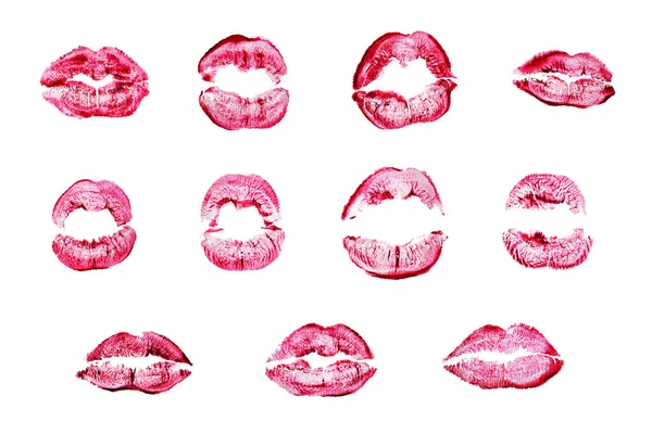 Rode Lippenstift Kus Print Set Witte Achtergrond Geïsoleerde Close Sexy — Stockfoto