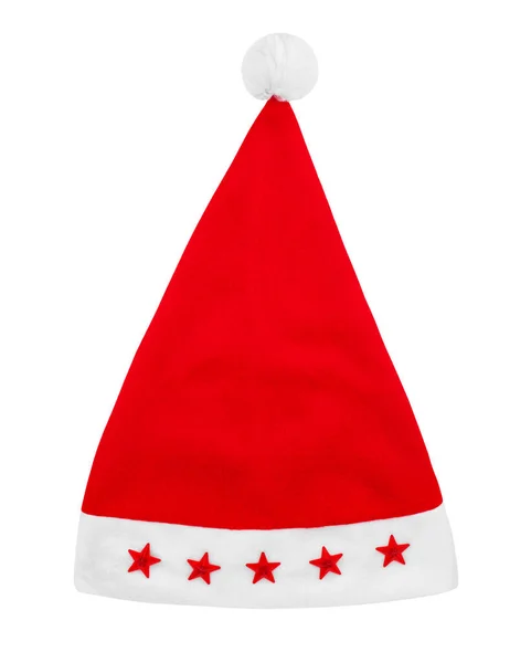 Czerwony Kapelusz Santa Claus Futra Pom Pom Gwiazdy Białe Tło — Zdjęcie stockowe