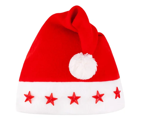 Sombrero Rojo Papá Noel Con Pompón Piel Estrellas Fondo Blanco — Foto de Stock