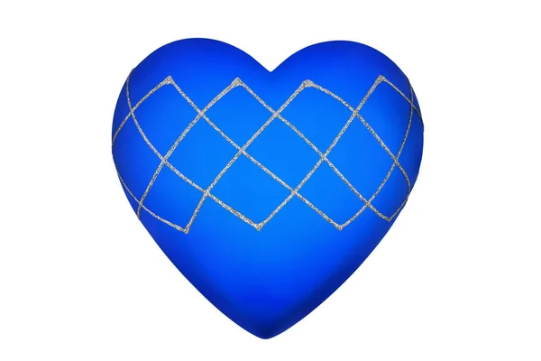 Jedno Krásné Modré Srdce Stříbrným Kostkovaným Vzorem Bílém Pozadí Izolované — Stock fotografie