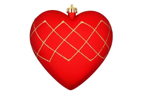 白い背景に金色のチェック柄の赤いハート形のガラスボールを閉じ クリスマスツリーの装飾 新しい年の休日の装飾的なデザイン要素 ロマンチックな愛のクリスマスのおもちゃをぶら下げ隔離された — ストック写真