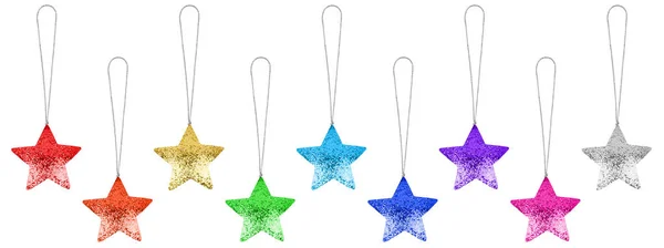 Färgglada Stjärnor Som Vit Bakgrund Isolerad Närbild Julgran Dekoration Glänsande — Stockfoto