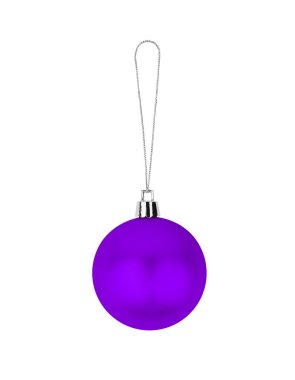 Bir mor cam top beyaz arka plan, yakın izole edilmiş, mavi noel ağacı süslemesi, tek parlak yuvarlak mücevher, geleneksel yeni yıl dekorasyon unsuru, dekoratif pembe xmas asılı