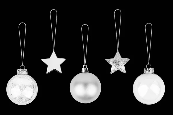 Silver hristmas tree decorations set black background isolated closeup, glass balls & metal stars hanging on thread collection, shiny baubles, traditional new year holiday design element, xmas toys