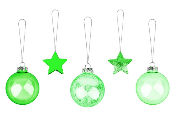 Verde Hristmas Árvore Decorações Definidas Fundo Branco Isolado Closeup Bolas — Fotografia de Stock