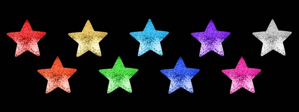 Colorful stars set black background isolated closeup, decorative shiny star shape collection, bright glitter hristmas decoration, New Year holiday decor, xmas design element, starry ornament, pattern