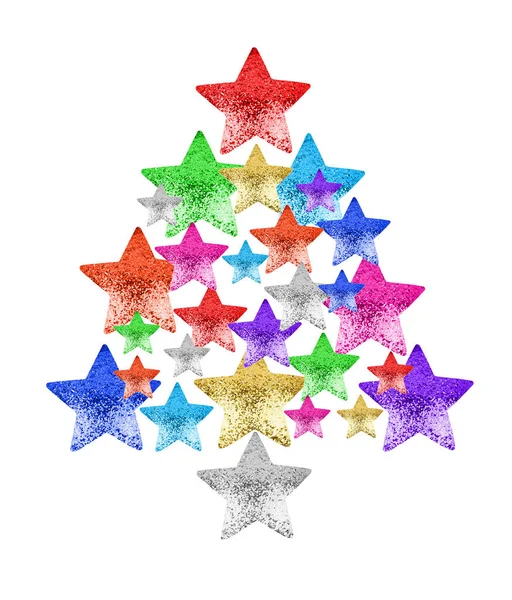 Estrellas Coloridas Forma Árbol Navidad Fondo Blanco Aislado Cerca Abeto — Foto de Stock