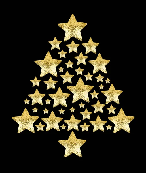 Złota Choinka Wykonana Błyszczących Gwiazd Czarne Tło Odizolowane Zbliżenie Złote — Zdjęcie stockowe