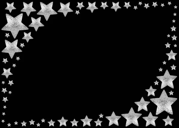 黒の背景に銀の星のフレーム孤立した 光沢のある星で作られたコーナーの境界線 クリスマスグリーティングカードテンプレート 休日のアートの背景 星のパターン 空のお祝いの招待状のデザイン コピースペース — ストック写真