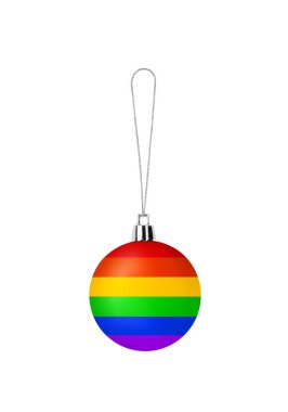 Noel ağacı süslemesi LGBTQ topluluk gökkuşağı rengi beyaz arka plan kapalı, asılı cam top LGBT gurur deseni, xmas şenlik tasarımı, gay, lezbiyen, yeni yıl bayramı sembolü vs.