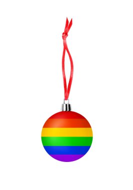 Noel ağacı süslemesi LGBTQ topluluk gökkuşağı rengi beyaz arka plan kapalı, asılı cam top LGBT gurur deseni, xmas şenlik tasarımı, gay, lezbiyen, yeni yıl bayramı sembolü vs.
