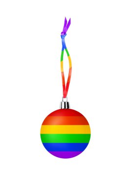 Noel ağacı süslemesi LGBTQ topluluk gökkuşağı rengi beyaz arka plan kapalı, asılı cam top LGBT gurur deseni, xmas şenlik tasarımı, gay, lezbiyen, yeni yıl bayramı sembolü vs.