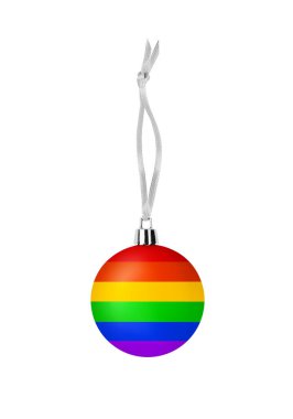 Noel ağacı süslemesi LGBTQ topluluk gökkuşağı rengi beyaz arka plan kapalı, asılı cam top LGBT gurur deseni, xmas şenlik tasarımı, gay, lezbiyen, yeni yıl bayramı sembolü vs.