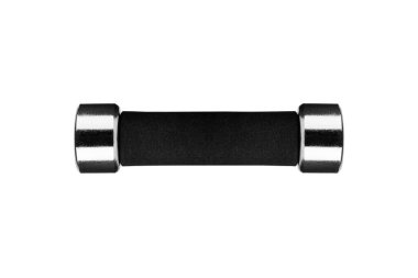Beyaz arka plandaki bir dambıl yakından izole edilmiş, siyah kollu tek metal halter, demir spor aletleri kaldırma, fitness bar-bell tasarımı, vücut geliştirme konsepti, sağlıklı yaşam tarzı, beden eğitimi.