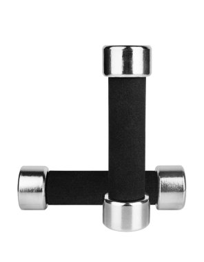 Beyaz arka plandaki iki dambıl yakından izole edilmiş, siyah kollu metal halterler, demir zili, spor malzemeleri, vücut geliştirme konsepti, sağlıklı yaşam tarzı, beden eğitimi, hiç kimse.