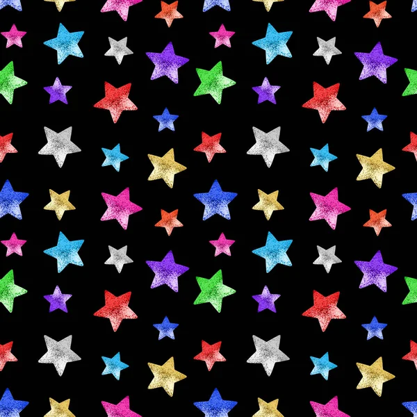 Seamless Pattern Colorful Stars Black Background Isolated Decorative Shiny Stars — Stock Photo, Image
