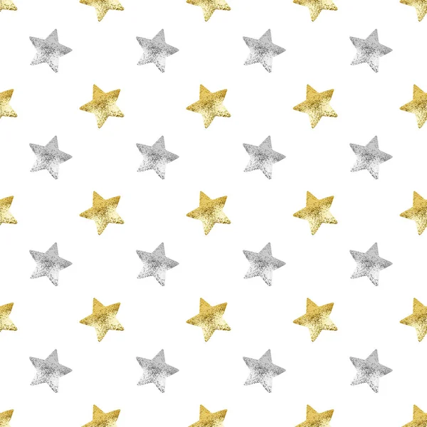 Seamless Pattern Golden Silver Stars White Background Isolated Decorative Shiny — Stock Photo, Image