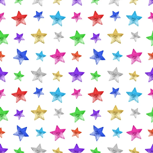Seamless Pattern Colorful Stars White Background Isolated Decorative Shiny Stars — Stock Photo, Image