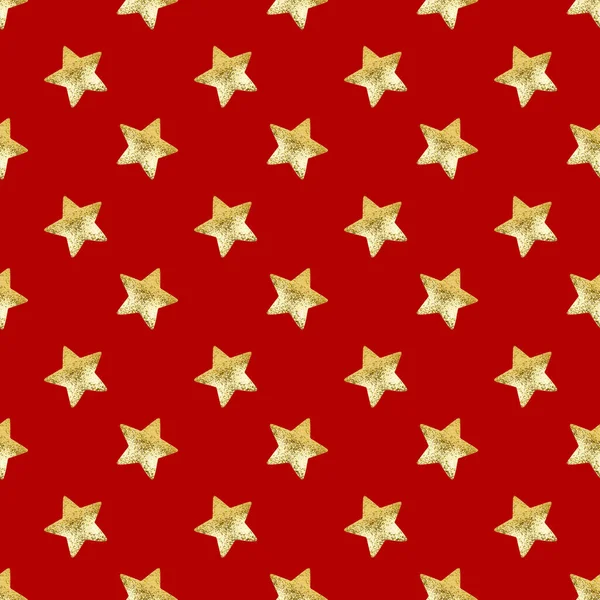 Bezešvé Vzor Zlatých Hvězd Červeném Pozadí Izolované Dekorativní Lesklé Zlaté — Stock fotografie
