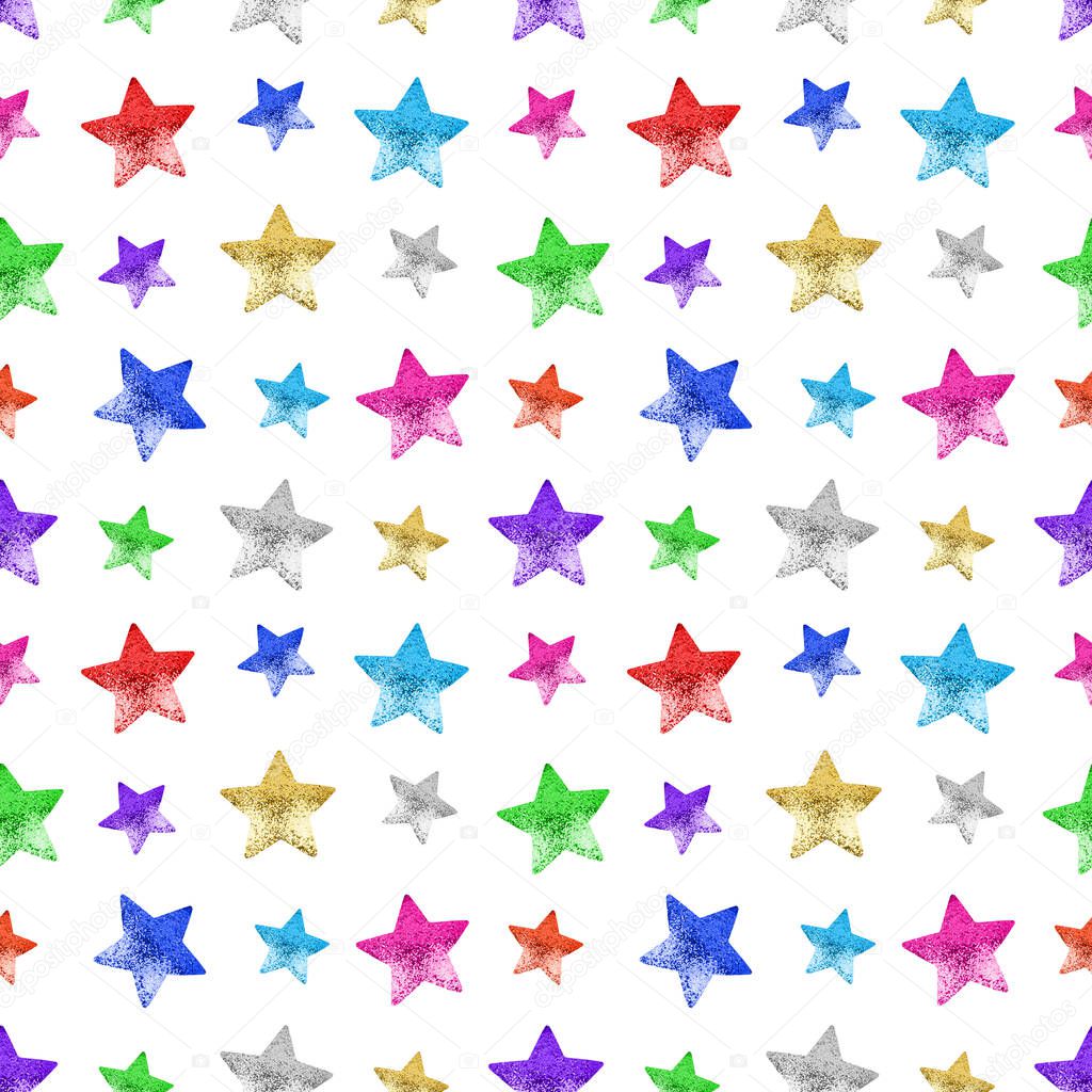 Seamless pattern colorful stars white background isolated, decorative shiny stars repeating ornament, bright glittering hristmas starry decoration backdrop, New Year wallpaper, holiday texture design