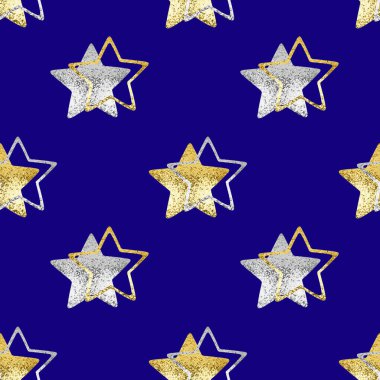 Kusursuz desenli altın & gümüş yıldızlar mavi arka plan, dekoratif parlak yıldızlar tekrar eden süsler, parlak noel yıldızlı dekorasyon arka plan, yeni yıl duvar kağıdı, tatil dokusu