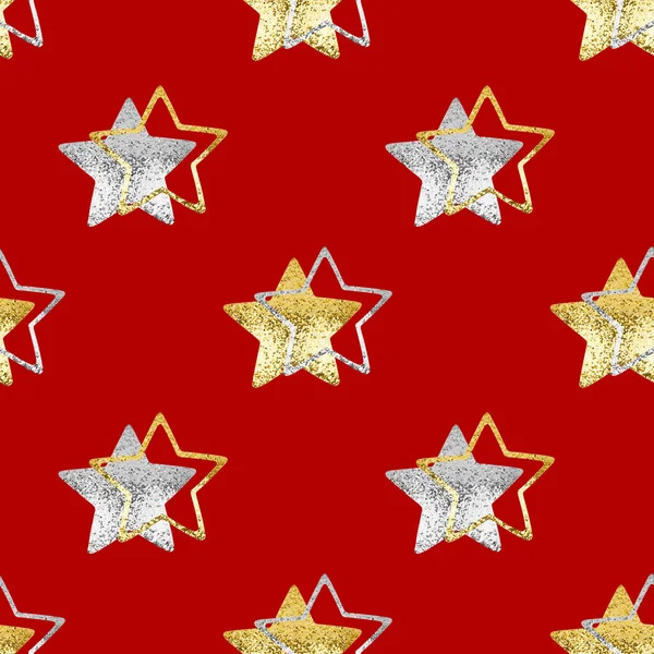 Padrão Sem Costura Estrelas Douradas Prateadas Fundo Vermelho Isolado Decorativas — Fotografia de Stock
