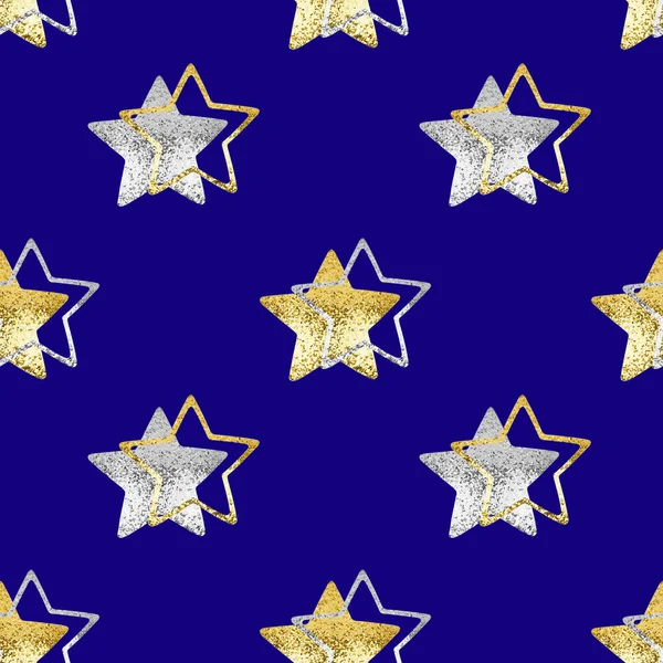 Padrão Sem Costura Estrelas Douradas Prateadas Fundo Azul Isolado Decorativas — Fotografia de Stock