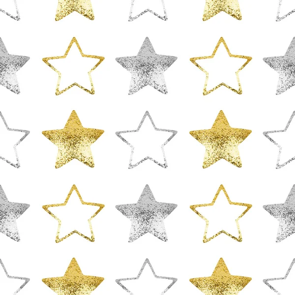 Seamless pattern golden & silver stars white background isolated, decorative shiny stars repeating ornament, bright glittering hristmas starry decoration backdrop, New Year wallpaper, holiday texture