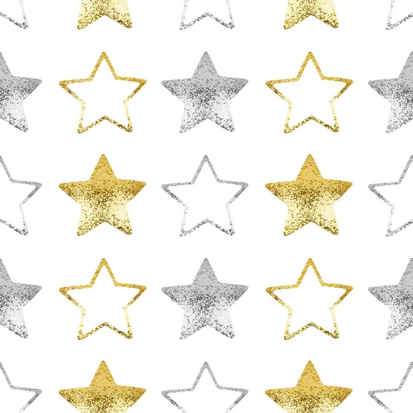 Padrão Sem Costura Estrelas Douradas Prateadas Fundo Branco Isolado Decorativas — Fotografia de Stock