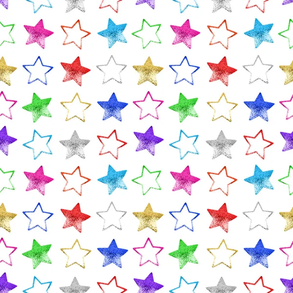 Seamless pattern colorful stars white background isolated, decorative shiny stars repeating ornament, bright glittering hristmas starry decoration backdrop, New Year wallpaper, holiday texture design