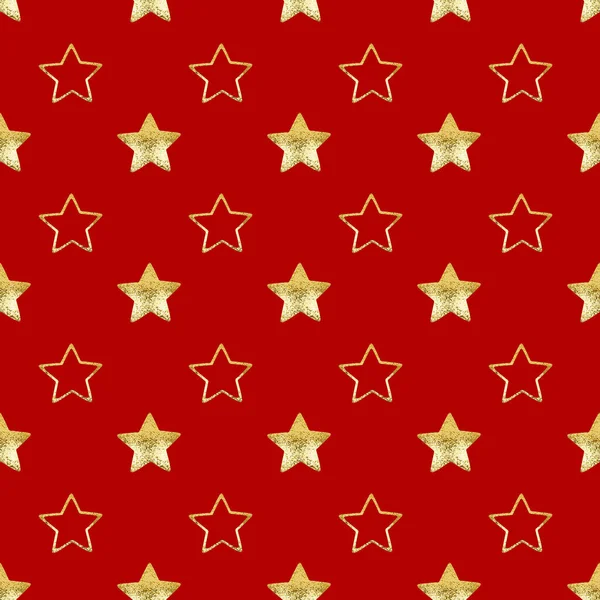 Seamless Pattern Golden Stars Red Background Isolated Decorative Shiny Gold — Stock Photo, Image