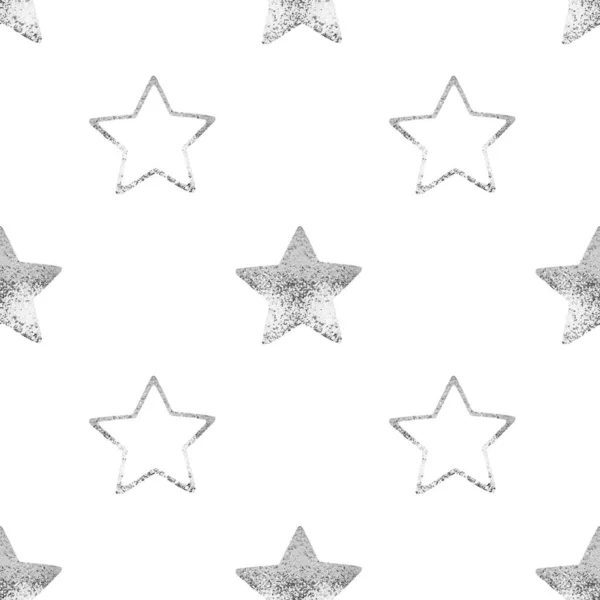 Varrat Nélküli Minta Ezüst Csillagok Fehér Háttér Elszigetelt Dekoratív Fényes — Stock Fotó