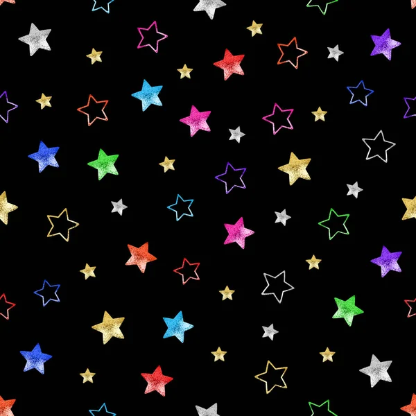 Seamless Pattern Colorful Stars Black Background Isolated Shiny Stars Dark — Stock Photo, Image