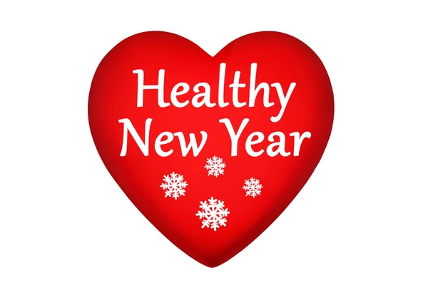 Red heart, Healthy New Year text, snowflakes pattern white background isolated, Merry Christmas & happy 2021 holiday banner, symbol of world victory over coronavirus, greeting card, love & life sign