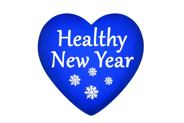 Blue Heart Healthy New Year Text Snowflakes Pattern White Background — Stock Photo, Image