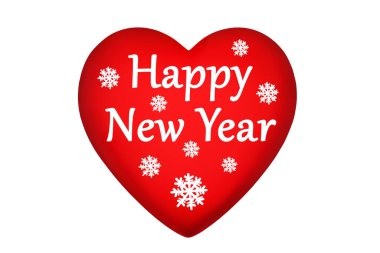 Kırmızı kalp, Mutlu Yıllar mesajı, beyaz arka plandaki kar taneleri deseni yakından izole edilmiş, Mutlu Noeller ve kış bayramı afişi, xmas kutlama sembolü, tebrik kartı tasarımı, şenlikli dekorasyon