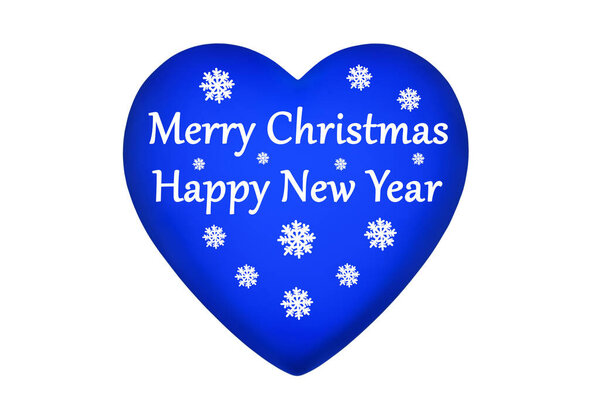 Blue heart, Merry Christmas & Happy New Year text, snowflakes pattern on white background isolated close up, winter holidays banner, xmas celebration symbol, greeting card design, festive decoration