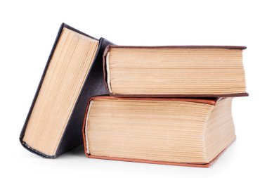 Sarı sayfalı üç eski, kalın kağıt kitap. Beyaz arkaplan, yakın plan, kitap yığını, yığın, klasik cilt kapağı ders kitapları, eğitim sembolü, okuma ve çalışma işareti, kütüphane edebiyatı.