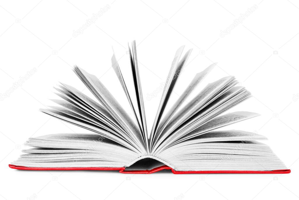 One open paper thick red book, flipping pages white background isolated close up, hardcover textbook, turning pages, education & knowledge symbol, read & study sign, library literature, studio shot