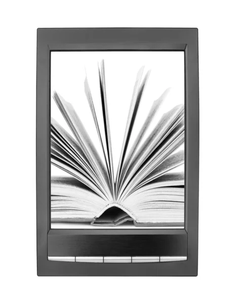 Open Paper Book Flipping Pages Electronic Book Display White Background — Stock Photo, Image