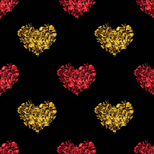 花の花びらで作られたシームレスなパターン赤 黄金の心黒の背景孤立した ハート形の花の繰り返しの装飾 バレンタインデーの壁紙 愛の印刷 ロマンチックな休日の装飾 — ストック写真