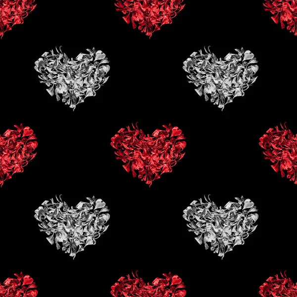 Seamless Pattern Red Silver Hearts Made Flower Petals Black Background — Stock Photo, Image