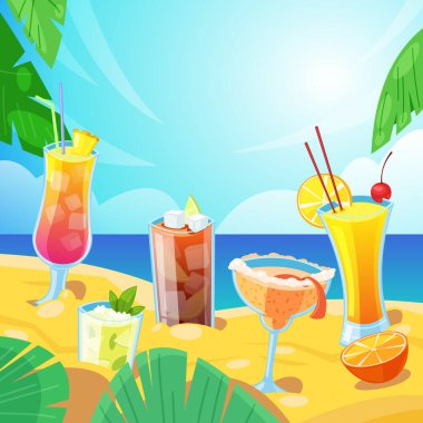 Plaj barı konsepti. Kumda tropik alkol içecekleri. Vektör çizimi. Mojito, sepet, tekila gündoğumu, Küba libre kokteylleri..