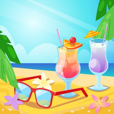 Tropik yaz plajı, alkollü içecekler ve kumdaki kırmızı güneş gözlükleri. Vektör çubuğu çizimi. Buzlu çay ve kozmopolit kokteyl..