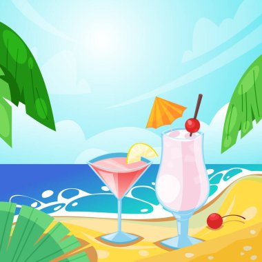 Tropik yaz plajı, kumda alkollü içecekler. Vektör çubuğu çizimi. Pina colada ve cosmopolitan kokteylleri.