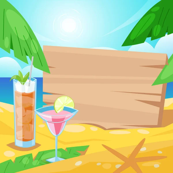 Летний Пляж Алкогольные Напитки Деревянная Доска Местом Текста Песке Иллюстрация — стоковый вектор