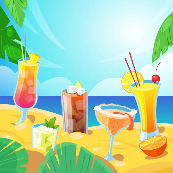 Concept Bar Plage Boissons Alcoolisées Tropicales Sur Sable Illustration Vectorielle — Image vectorielle