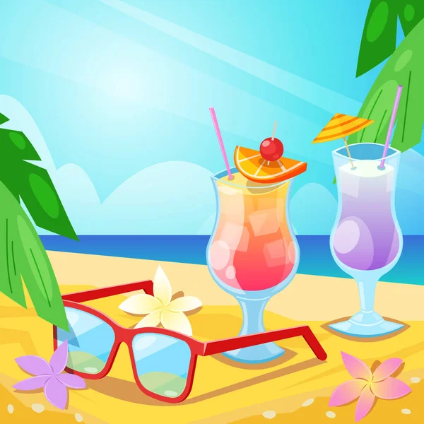 Tropischer Sommerstrand Alkoholgetränke Und Rote Sonnenbrille Auf Sand Vektorbalken Illustration — Stockvektor